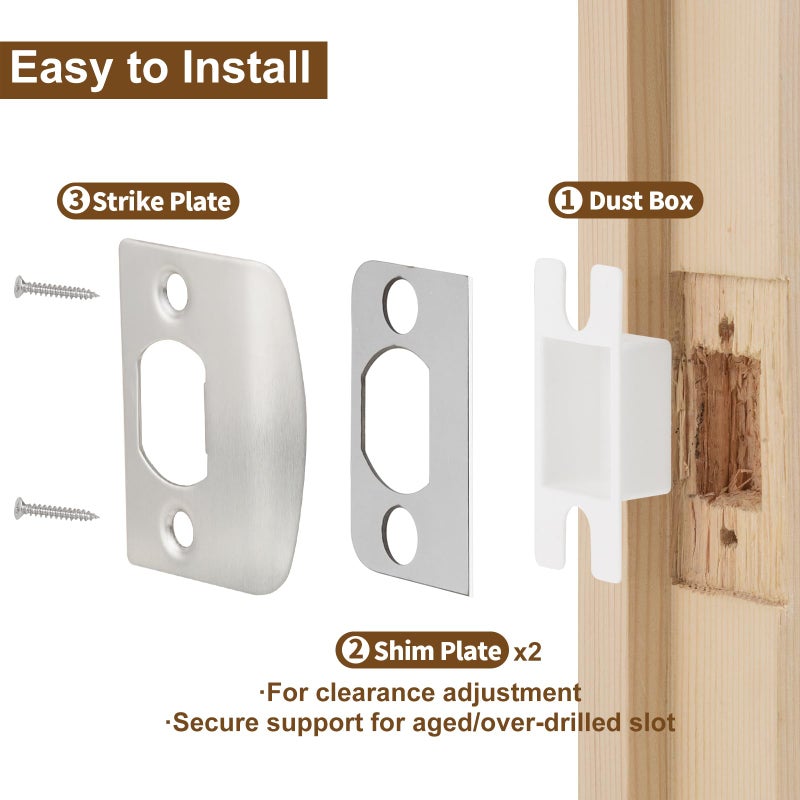 MOSECYOU Standard Door Lock Strike Plate with Spacer Shim, Door Latch Restorer, Universal Security Striker, Repair Kits to Fix Door Wont Latch in (Satin Nickel) - Image 4